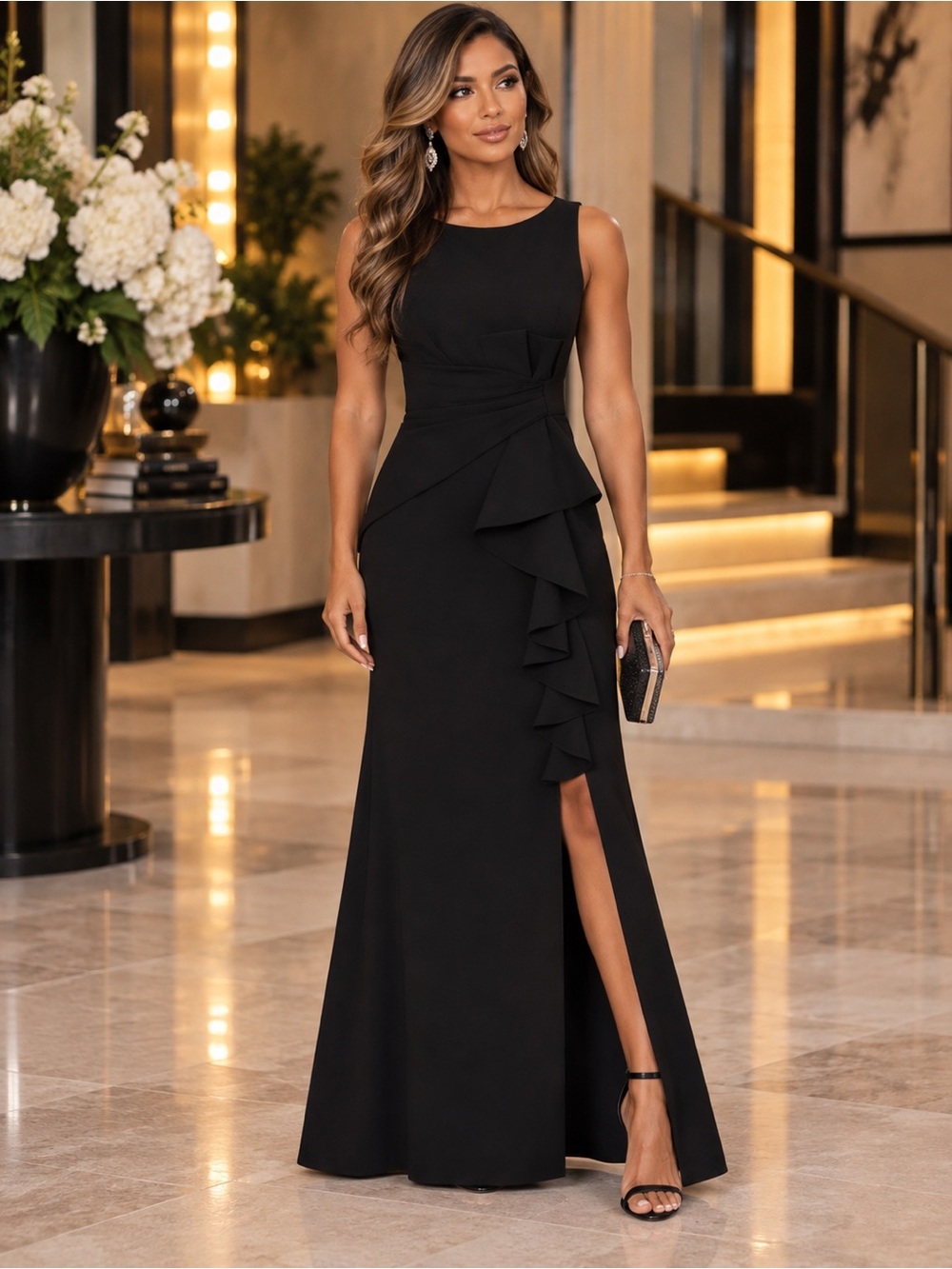 New Eliza J Ruffle Front Gown – Black – Size 16 | Elegant Formal Dress